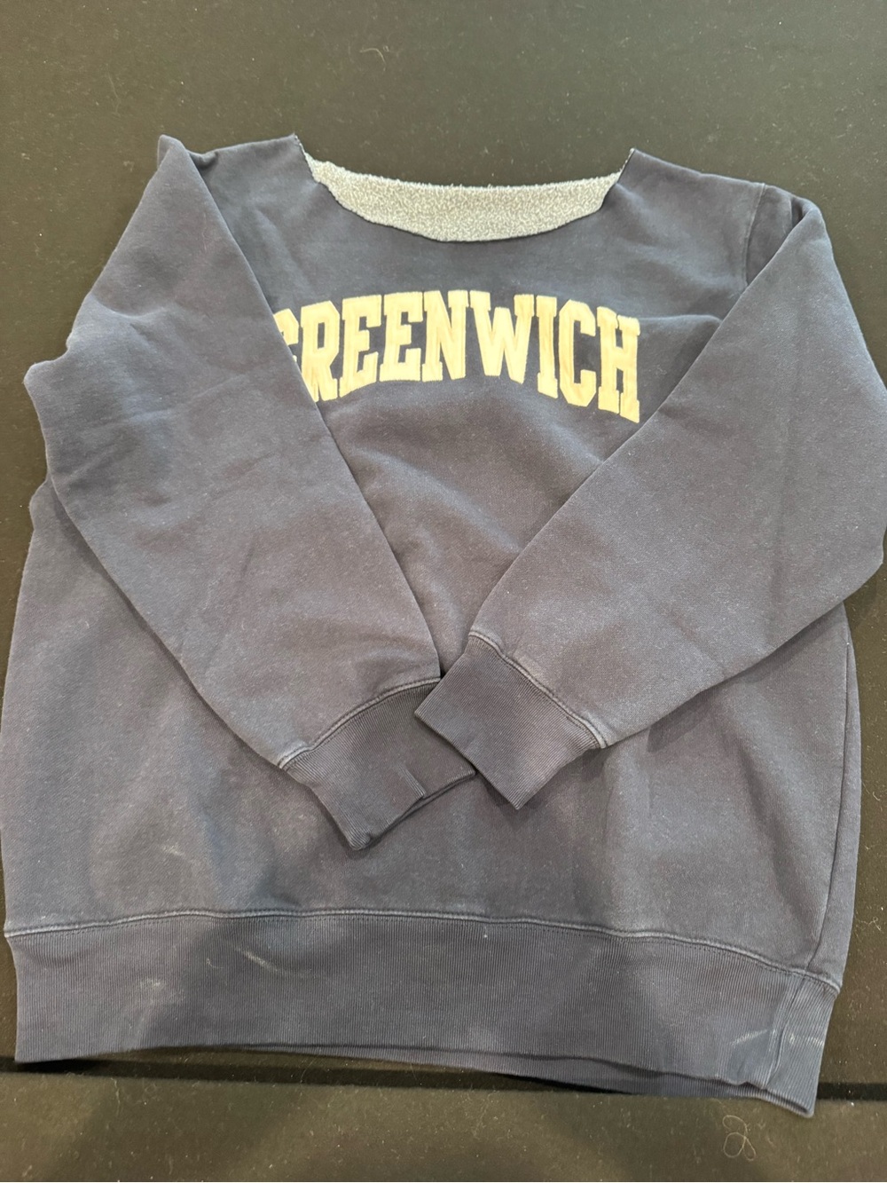Brandy Melville Navy Sweatshirt with Yellow 'GREENWICH' Print